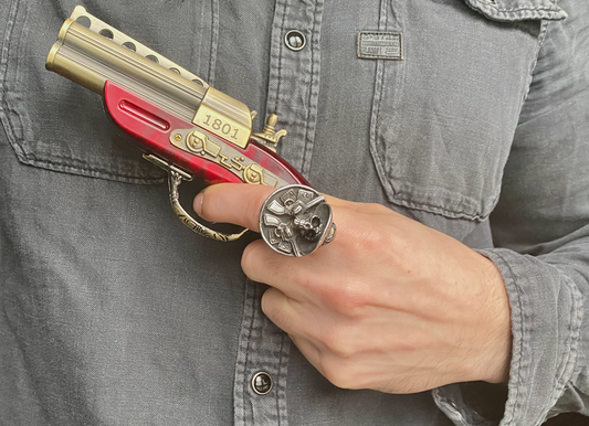 Retro-Cowboy Schädelring mit Doppel-Pistolenmotiv