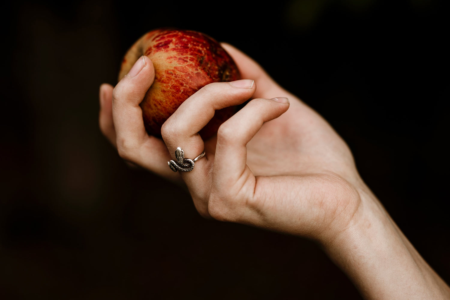Frauenhand mit Schlangenring und einem roten Apfel